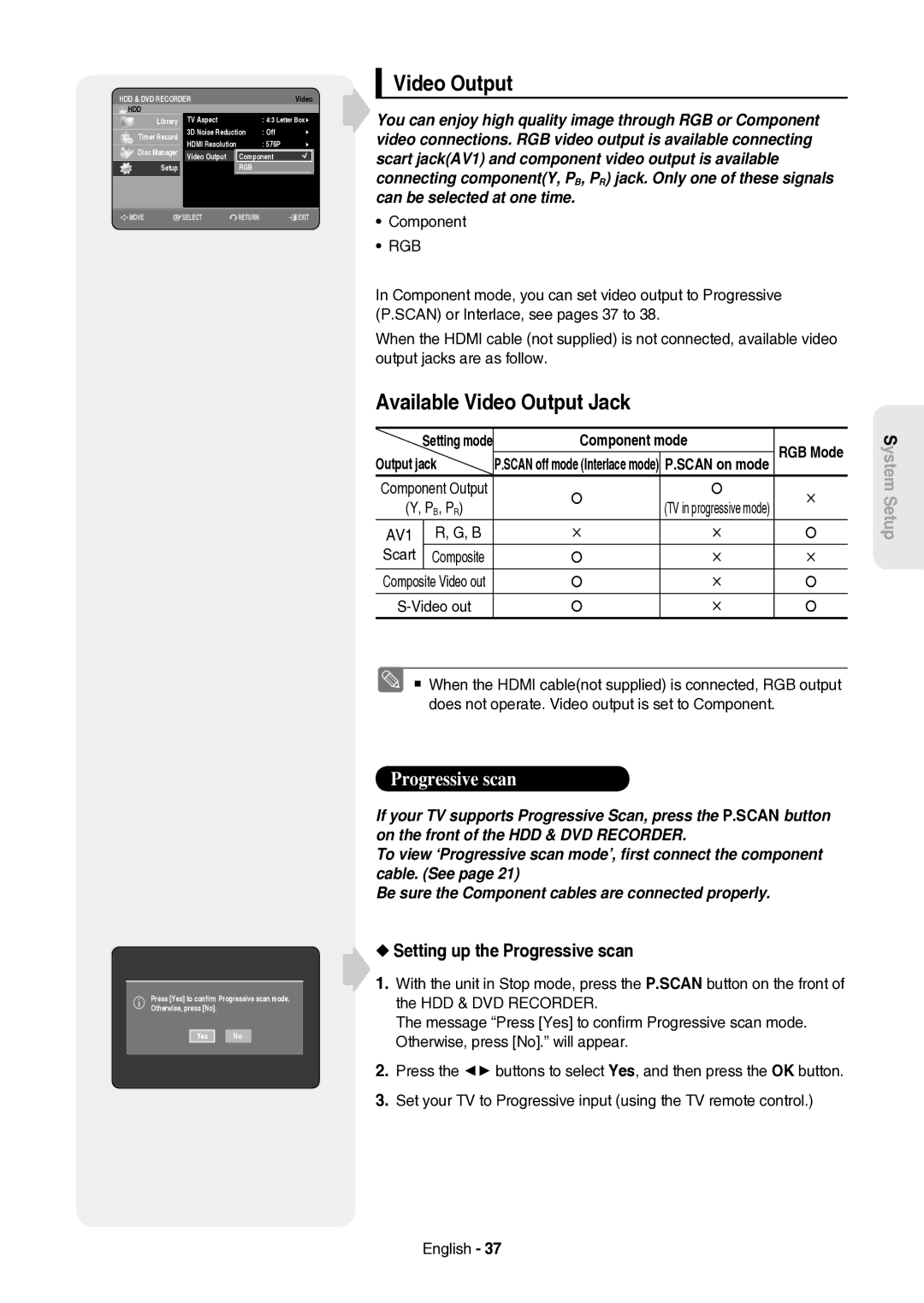 Samsung DVD-HR757/XEH manual Available Video Output Jack, Setting up the Progressive scan, Output jack, Setup 