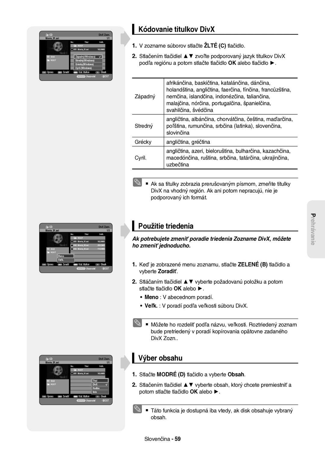 Samsung DVD-HR757/XEH manual Kódovanie titulkov DivX, Zozname súborov stlačte Žlté C tlačidlo, Cyril, Uzbečtina 