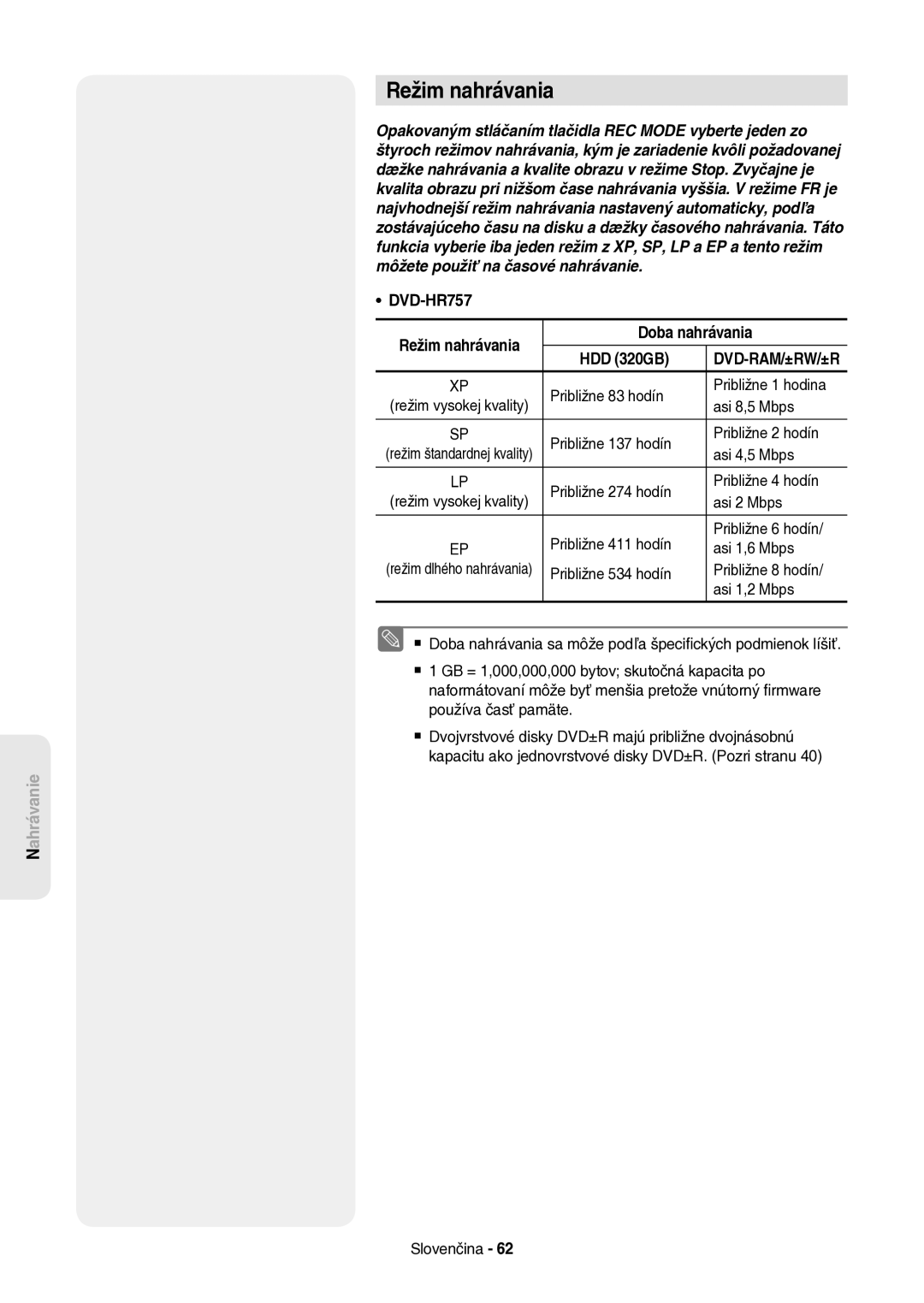 Samsung DVD-HR757/XEH manual DVD-HR757 Režim nahrávania Doba nahrávania HDD 320GB 