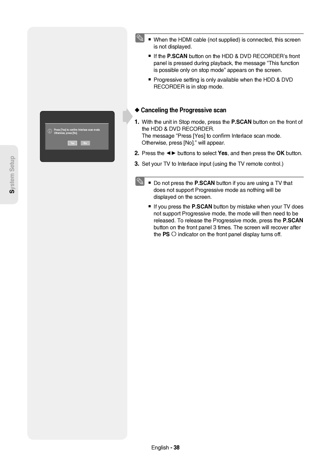 Samsung DVD-HR757/XEH manual Canceling the Progressive scan 