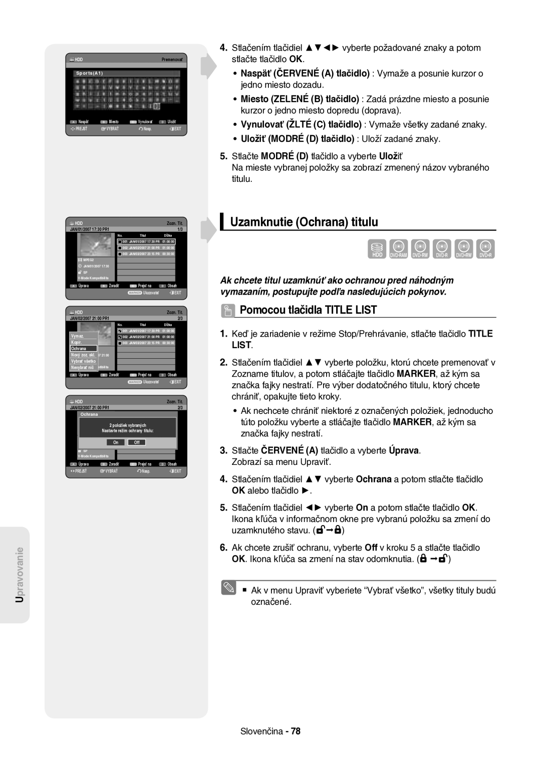 Samsung DVD-HR757/XEH manual Uzamknutie Ochrana titulu, OK. Ikona kľúča sa zmení na stav odomknutia 