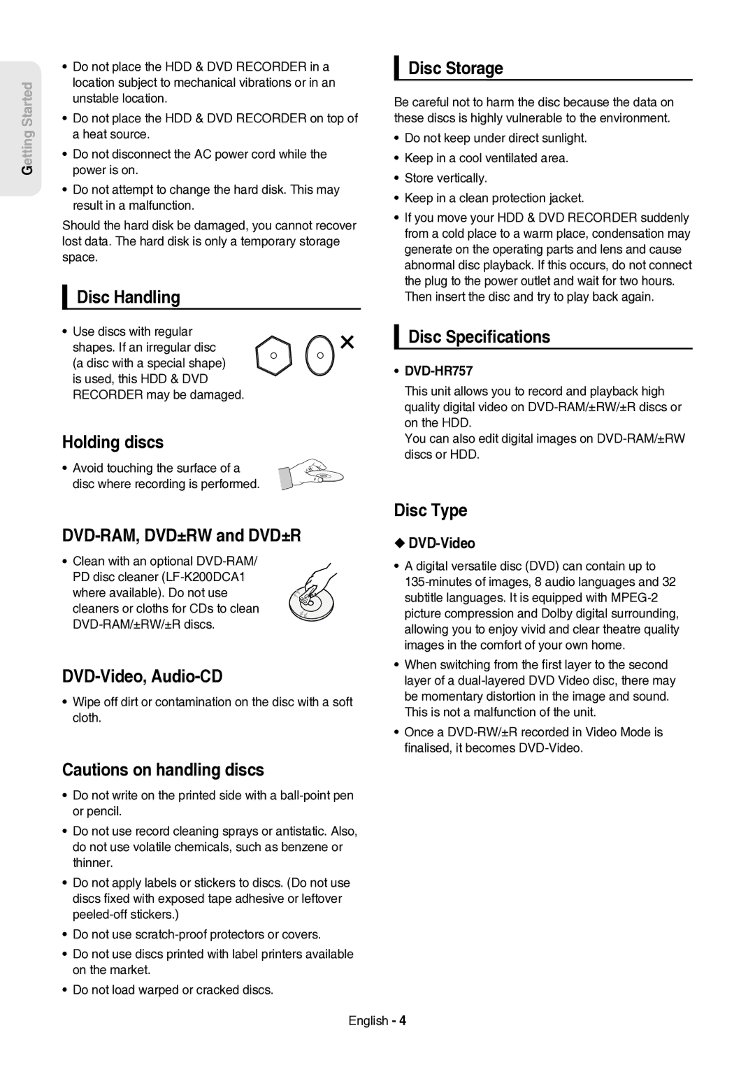 Samsung DVD-HR757/XEH manual Disc Handling, Holding discs, DVD-RAM, DVD±RW and DVD±R, DVD-Video, Audio-CD, Disc Storage 