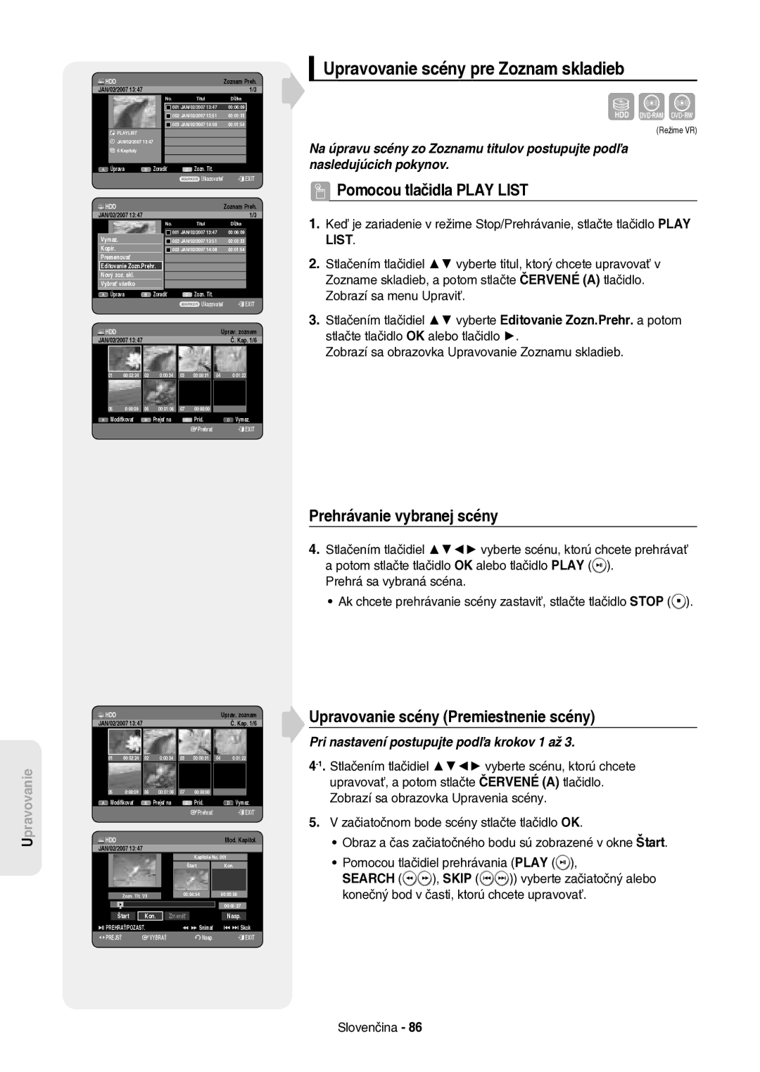 Samsung DVD-HR757/XEH manual Upravovanie scény pre Zoznam skladieb, Prehrávanie vybranej scény, Pravovanie, Kap /6 