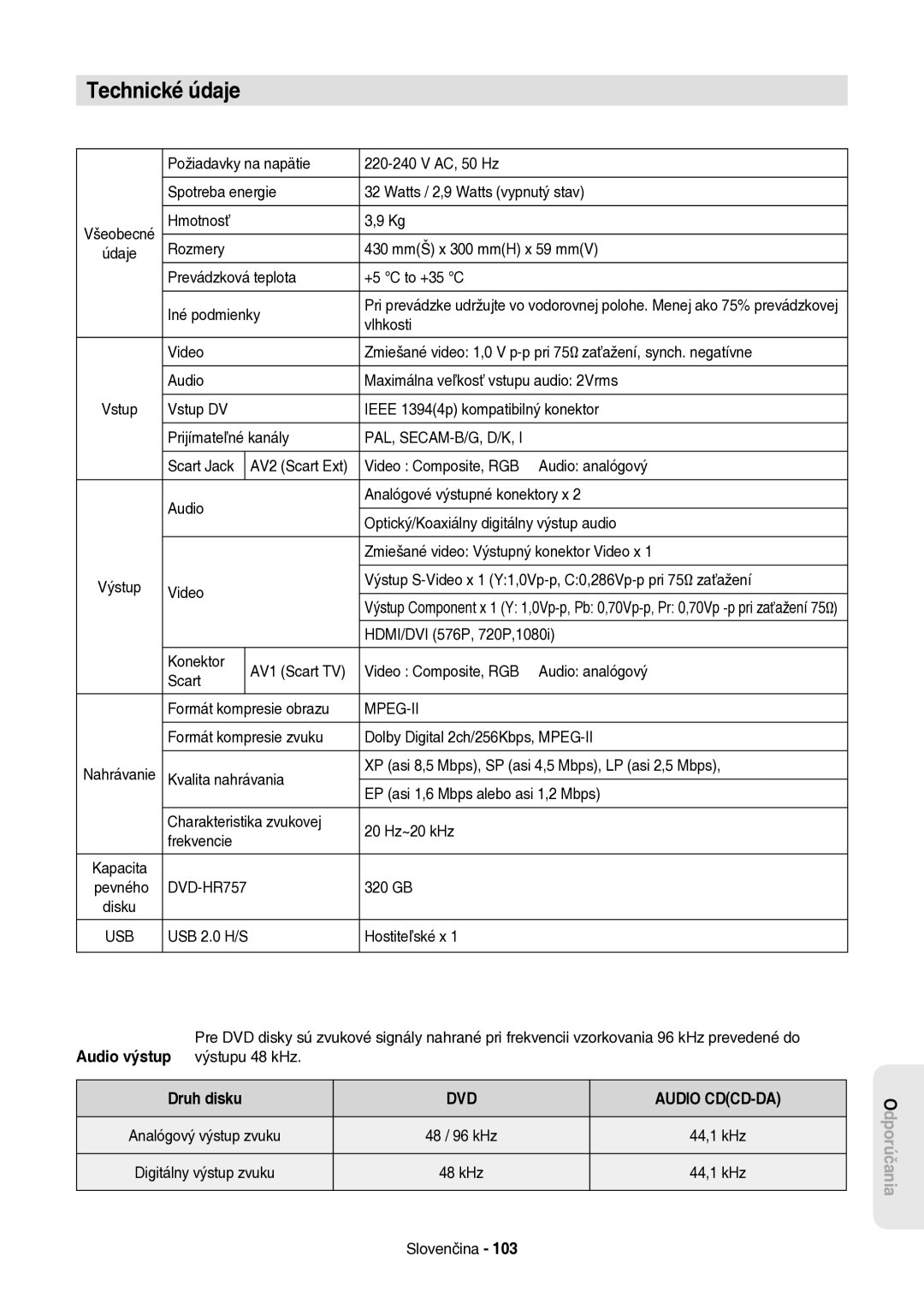 Samsung DVD-HR757/XEH manual Technické údaje, Druh disku 