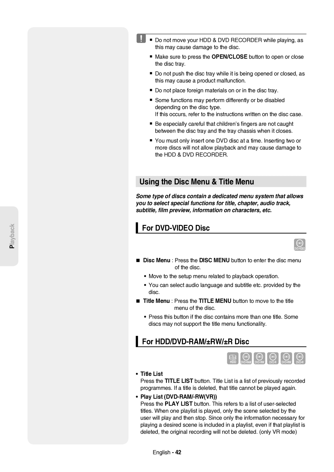 Samsung DVD-HR757/XEH manual Using the Disc Menu & Title Menu, For DVD-VIDEO Disc, For HDD/DVD-RAM/±RW/±R Disc, Title List 