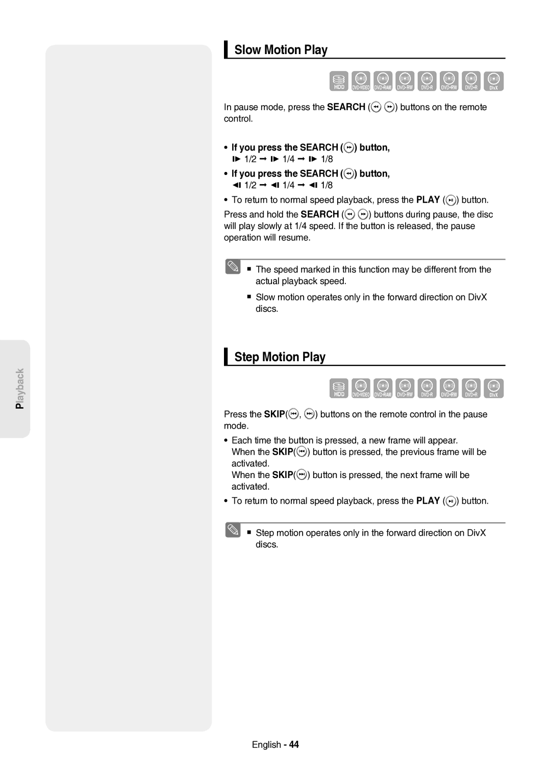 Samsung DVD-HR757/XEH manual Slow Motion Play, Step Motion Play, Pause mode, press the Search buttons on the remote control 