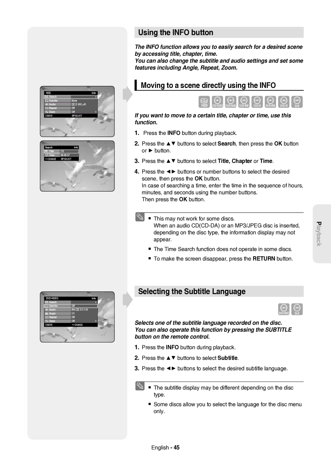 Samsung DVD-HR757/XEH Using the Info button, Selecting the Subtitle Language, Moving to a scene directly using the Info 