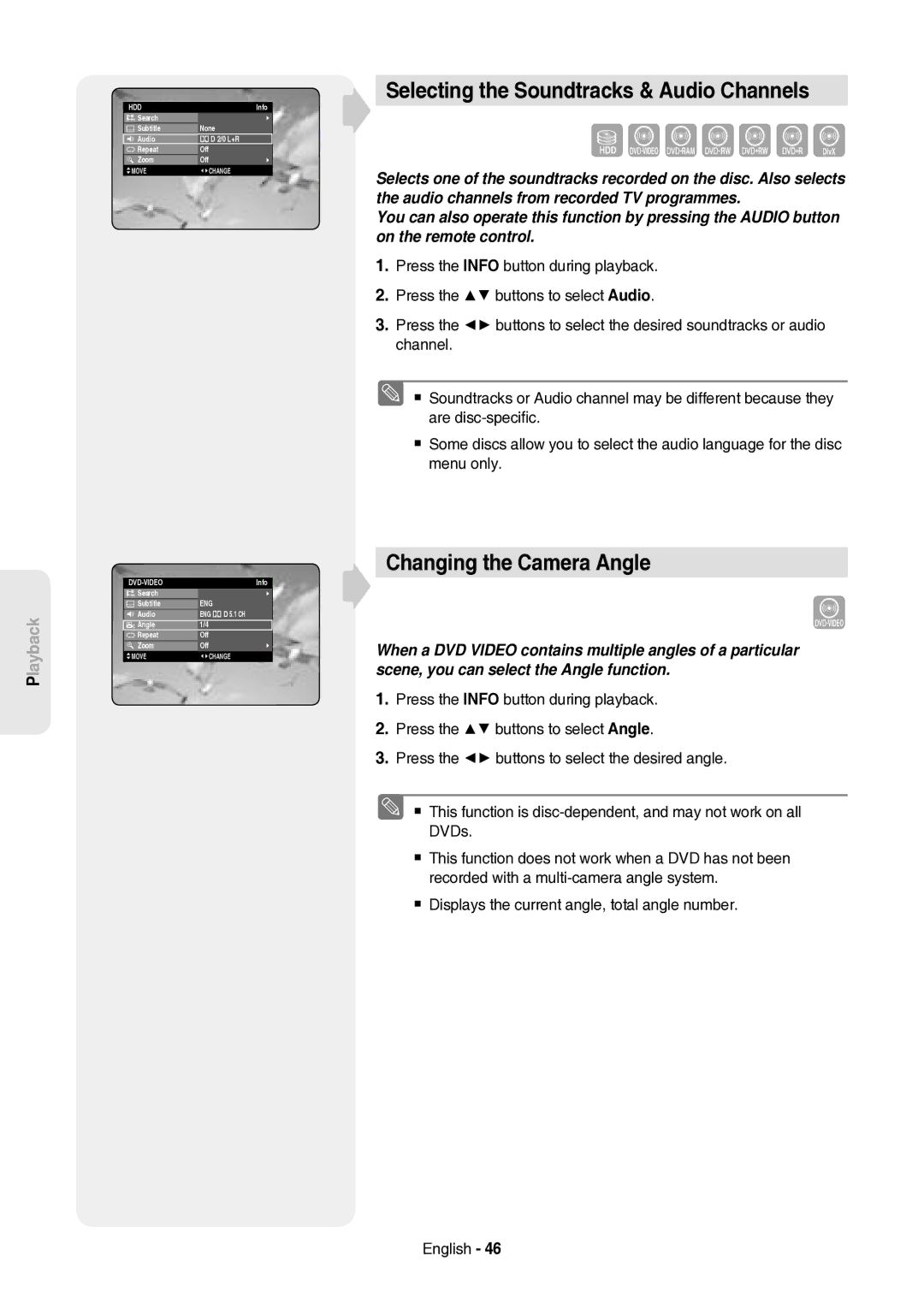 Samsung DVD-HR757/XEH manual Selecting the Soundtracks & Audio Channels, Changing the Camera Angle, Search Subtitle 