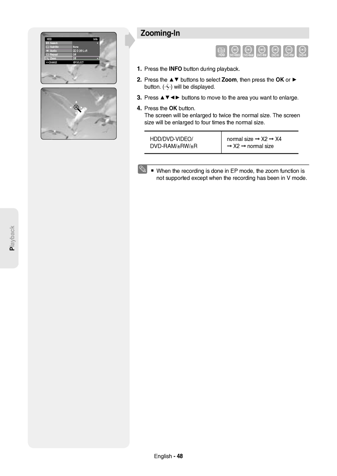 Samsung DVD-HR757/XEH manual Zooming-In, Normal size X2, X2 normal size 