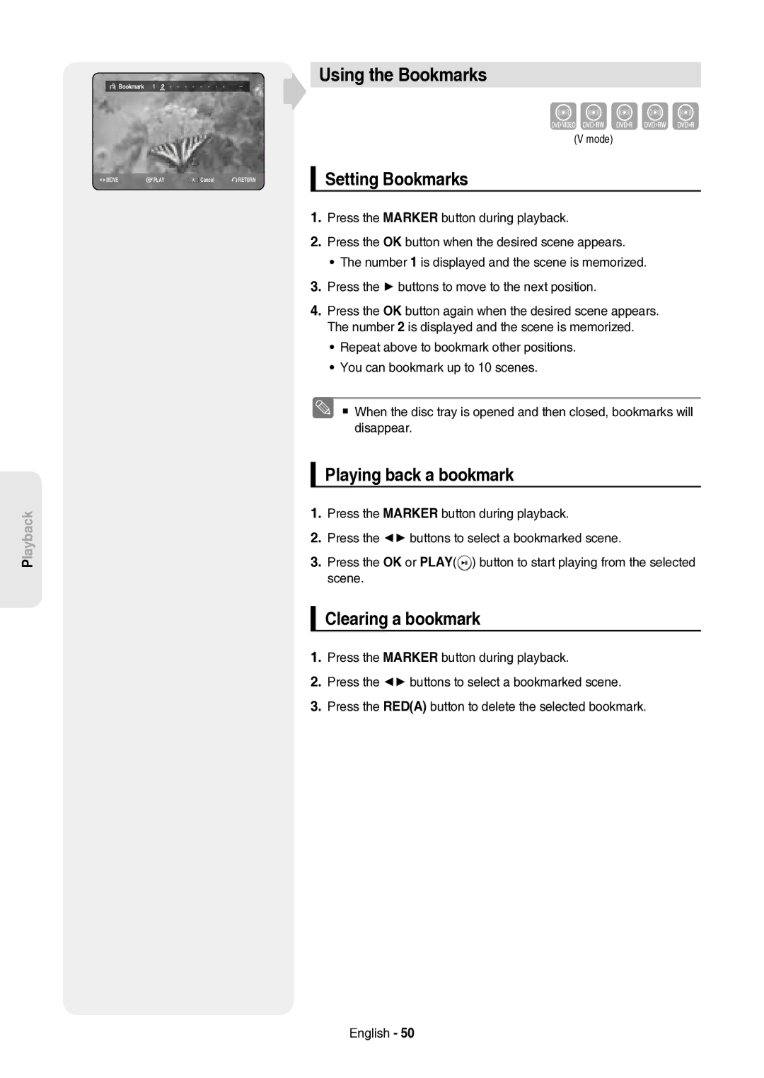 Samsung DVD-HR757/XEH manual Using the Bookmarks, Setting Bookmarks, Playing back a bookmark, Clearing a bookmark, Mode 