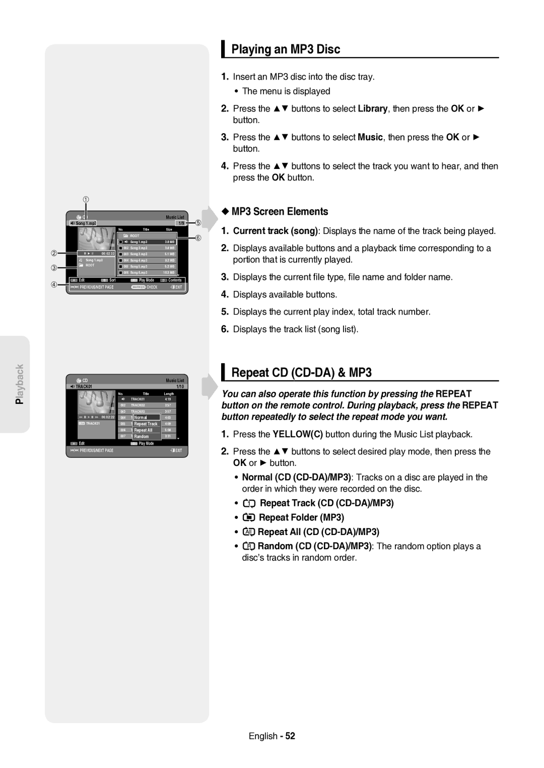 Samsung DVD-HR757/XEH manual Playing an MP3 Disc, Repeat CD CD-DA & MP3, MP3 Screen Elements, LaybackP 