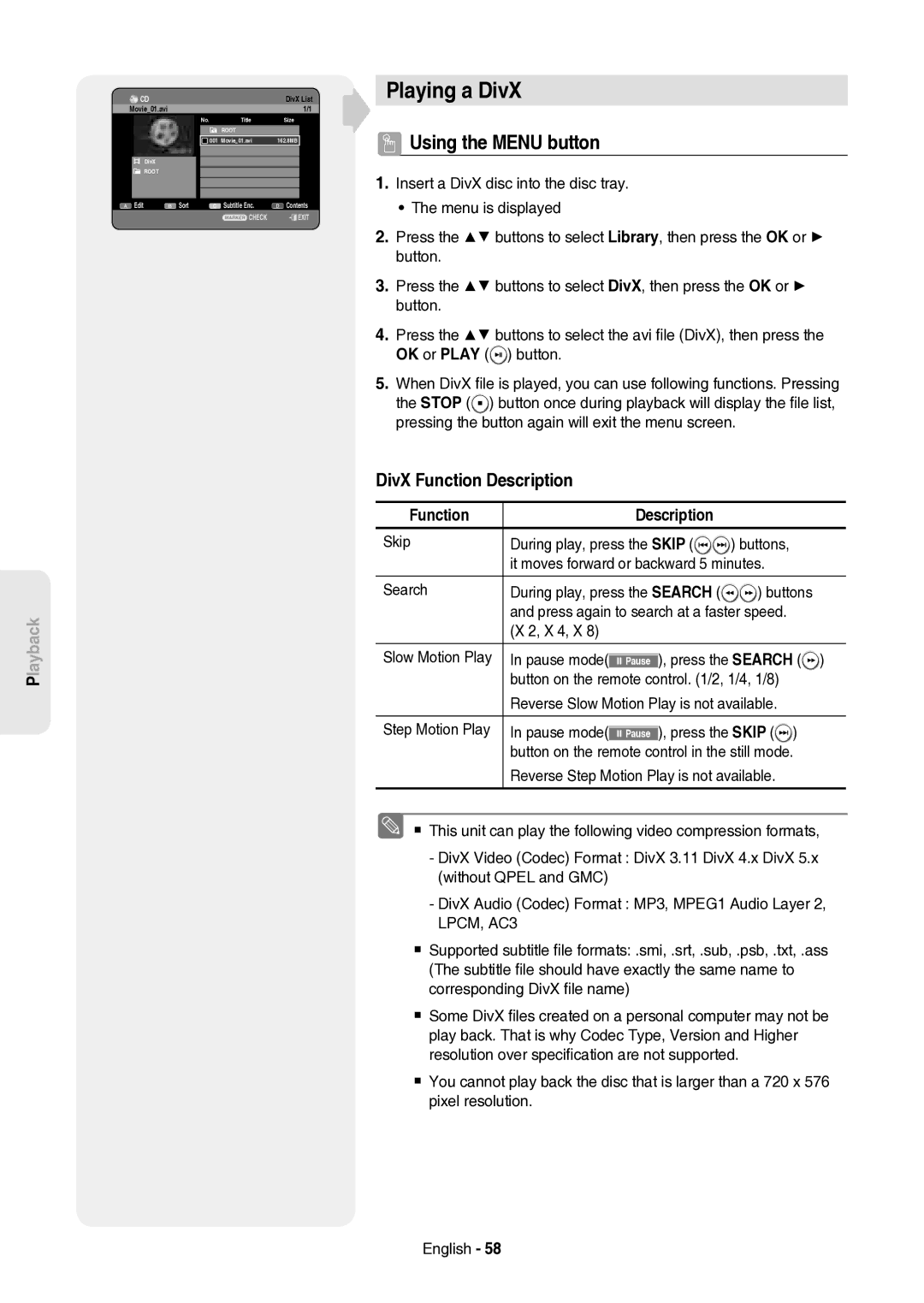 Samsung DVD-HR757/XEH manual Playing a DivX, Using the Menu button, DivX Function Description 