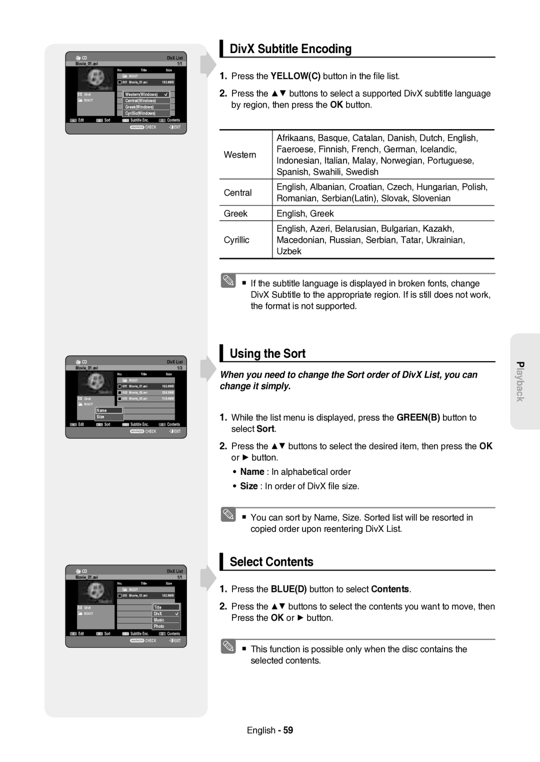 Samsung DVD-HR757/XEH manual DivX Subtitle Encoding, Romanian, SerbianLatin, Slovak, Slovenian, DivX Music 