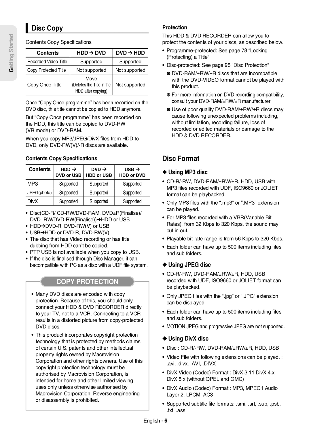 Samsung DVD-HR757/XEH manual Disc Copy, Disc Format, Using MP3 disc, Using Jpeg disc, Using DivX disc 