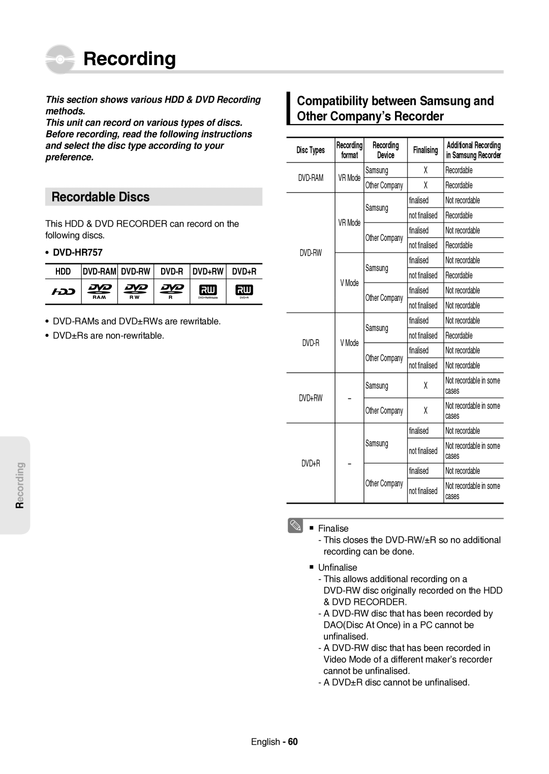 Samsung DVD-HR757/XEH manual Recording, Recordable Discs, Compatibility between Samsung and Other Company’s Recorder 