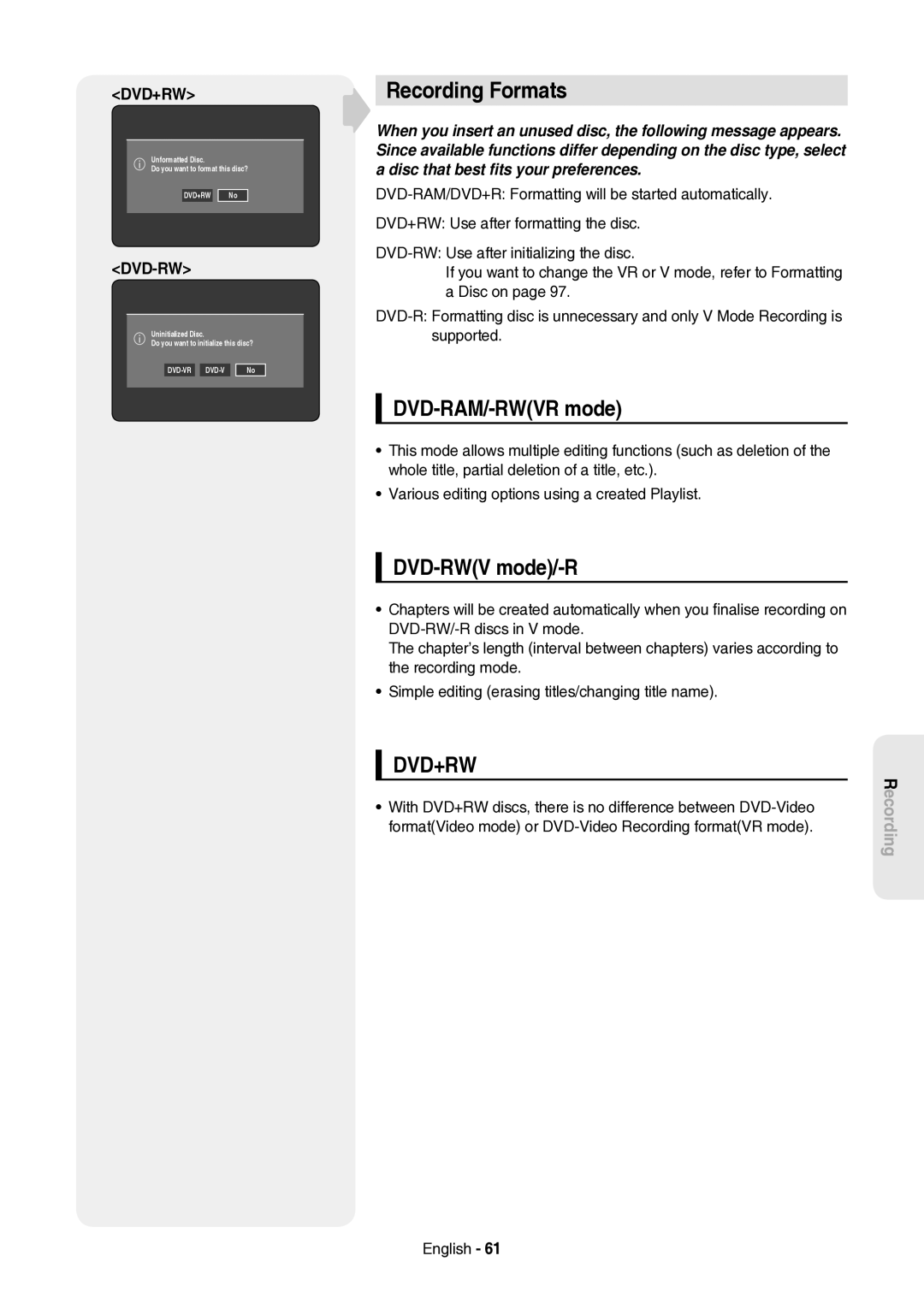 Samsung DVD-HR757/XEH manual Recording Formats, DVD-RAM/-RWVR mode, DVD-RWV mode/-R, Dvd+Rw, Dvd-Rw 