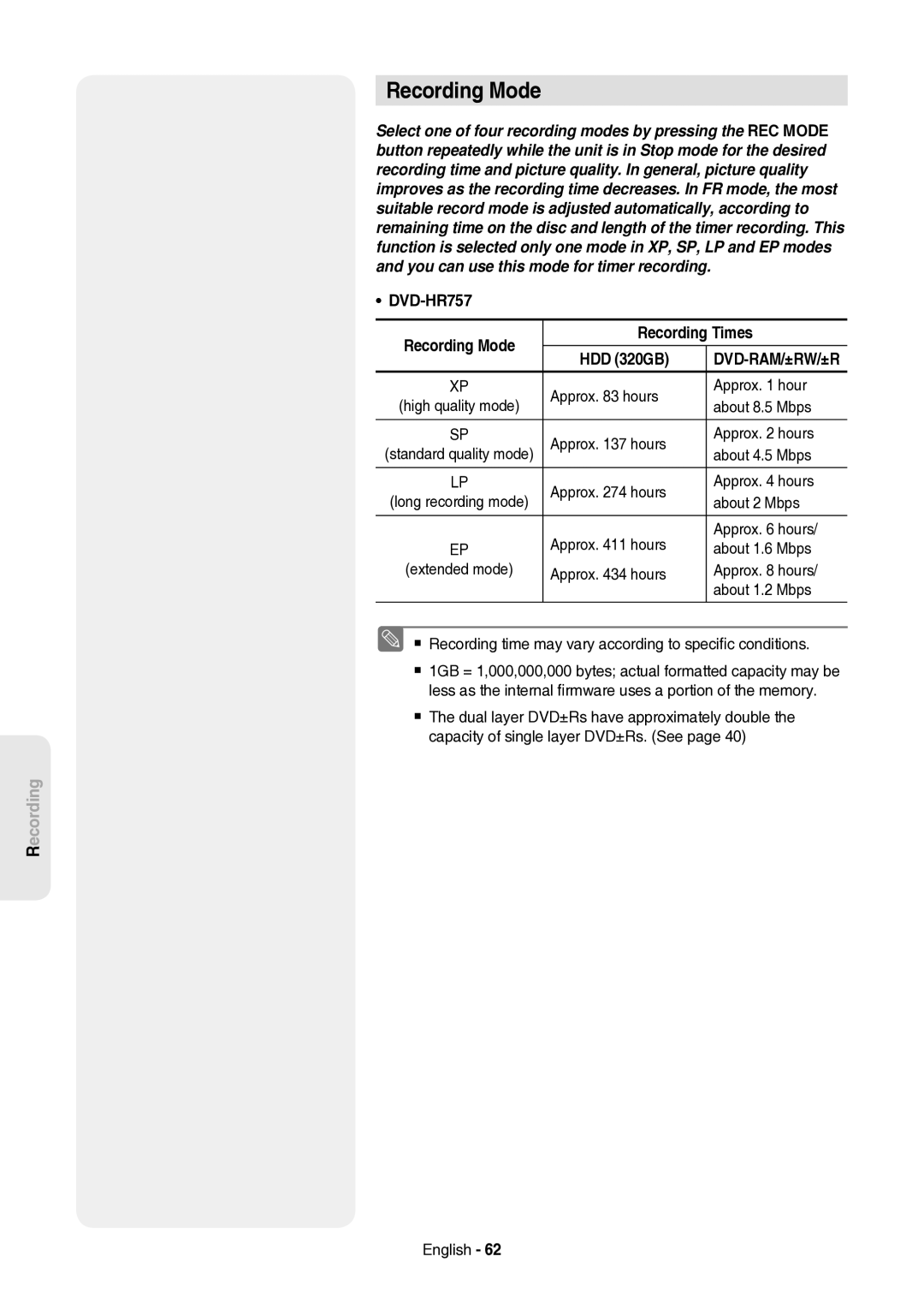 Samsung DVD-HR757/XEH manual DVD-HR757 Recording Mode Recording Times HDD 320GB 