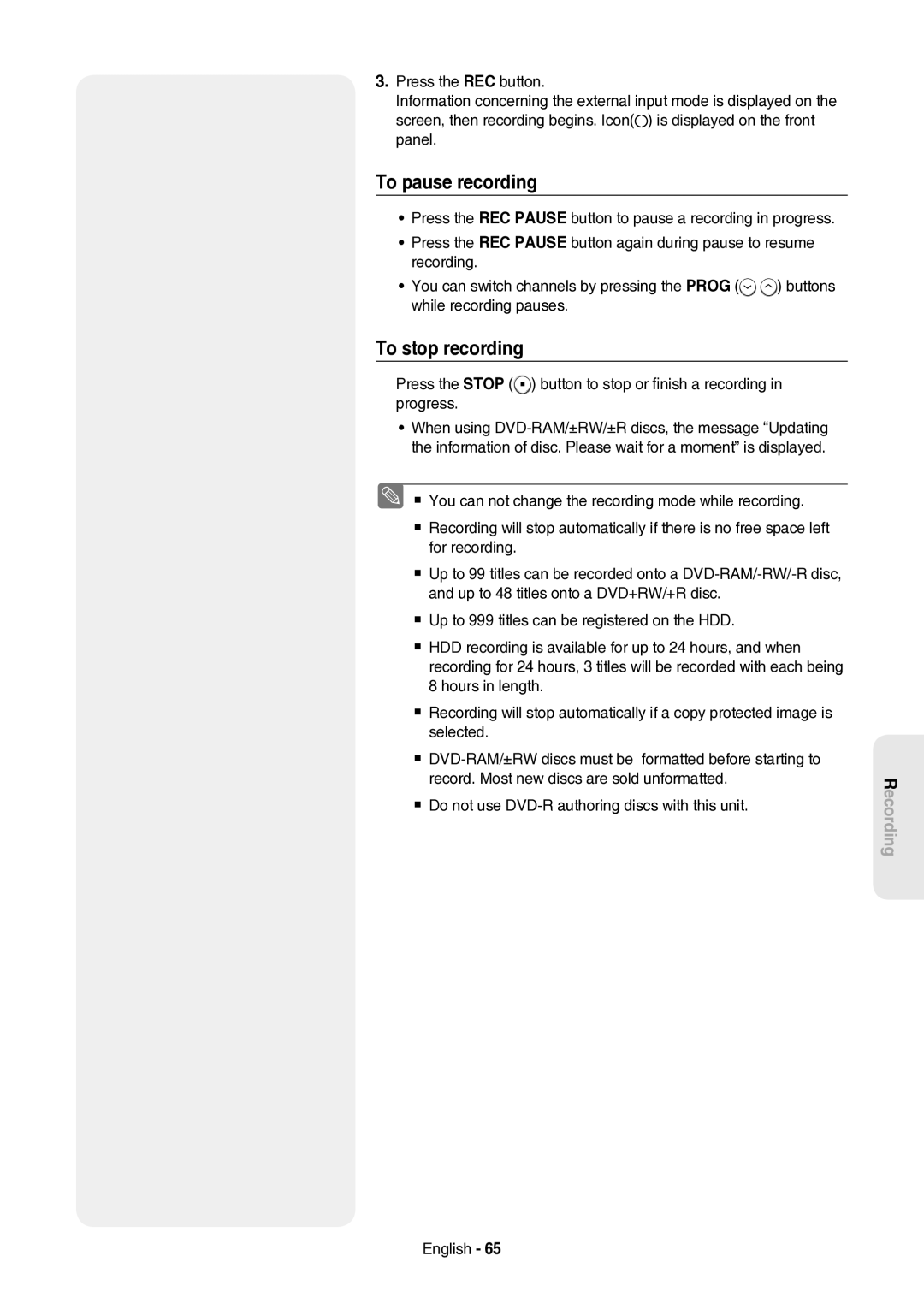 Samsung DVD-HR757/XEH manual To pause recording, To stop recording 