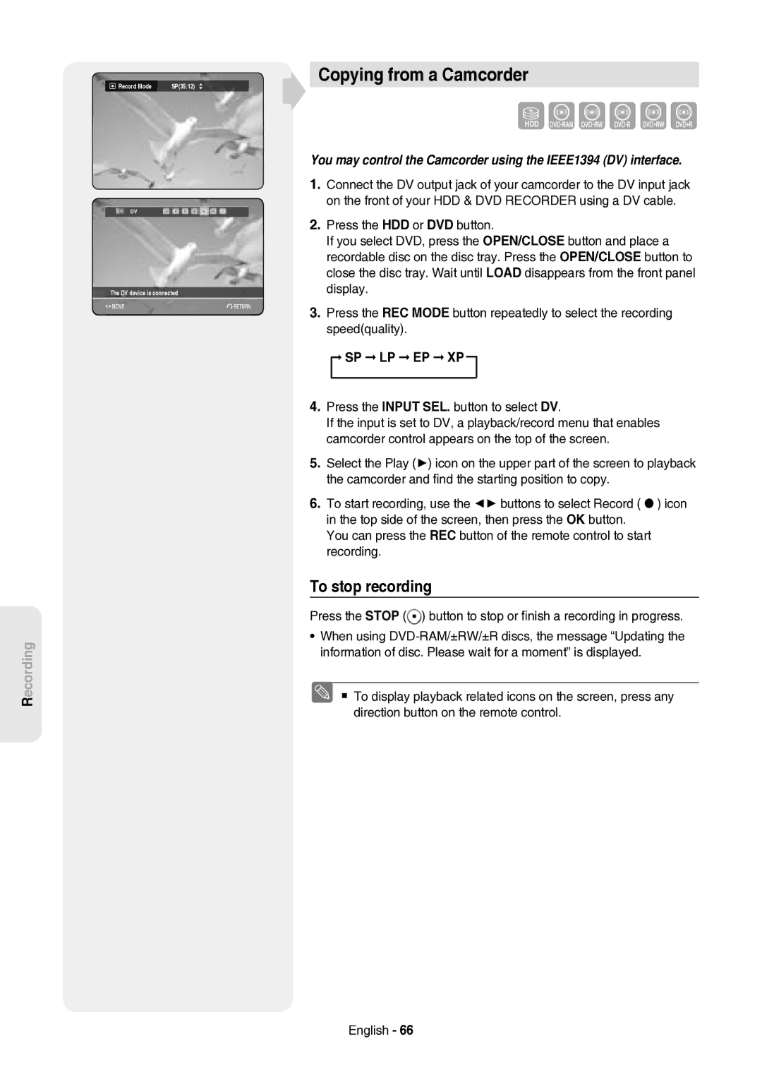 Samsung DVD-HR757/XEH manual Copying from a Camcorder, Press the Input SEL. button to select DV, DV device is connected 