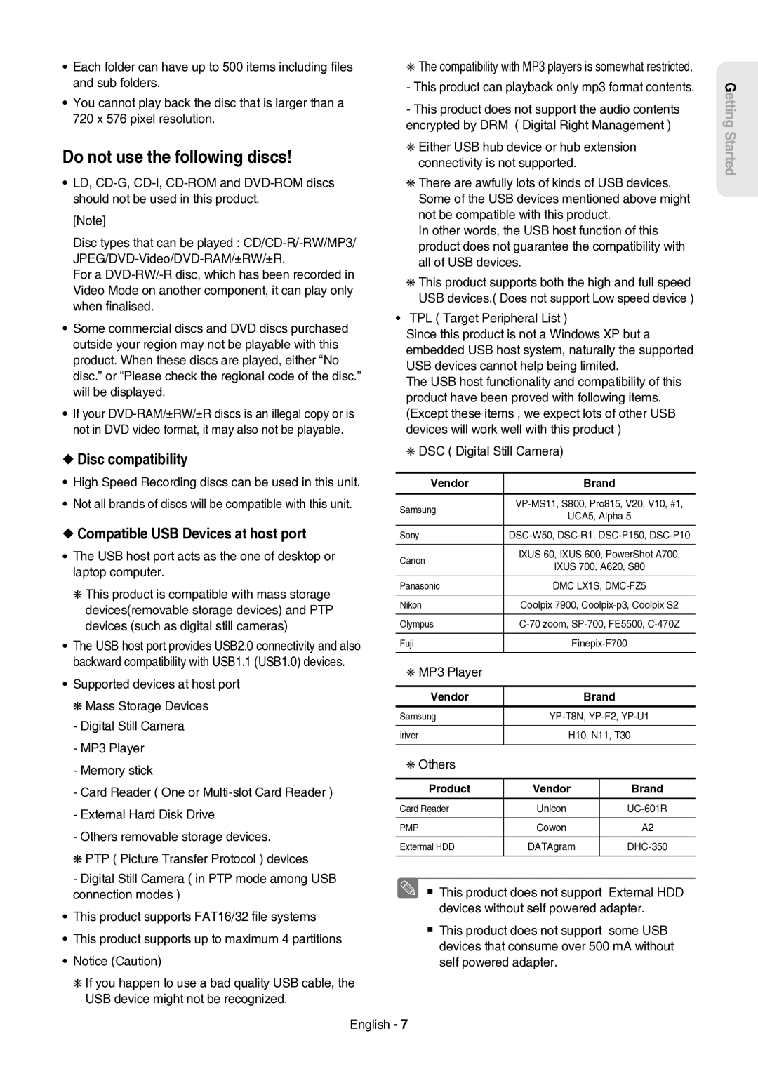 Samsung DVD-HR757/XEH manual Do not use the following discs, Disc compatibility, Compatible USB Devices at host port 