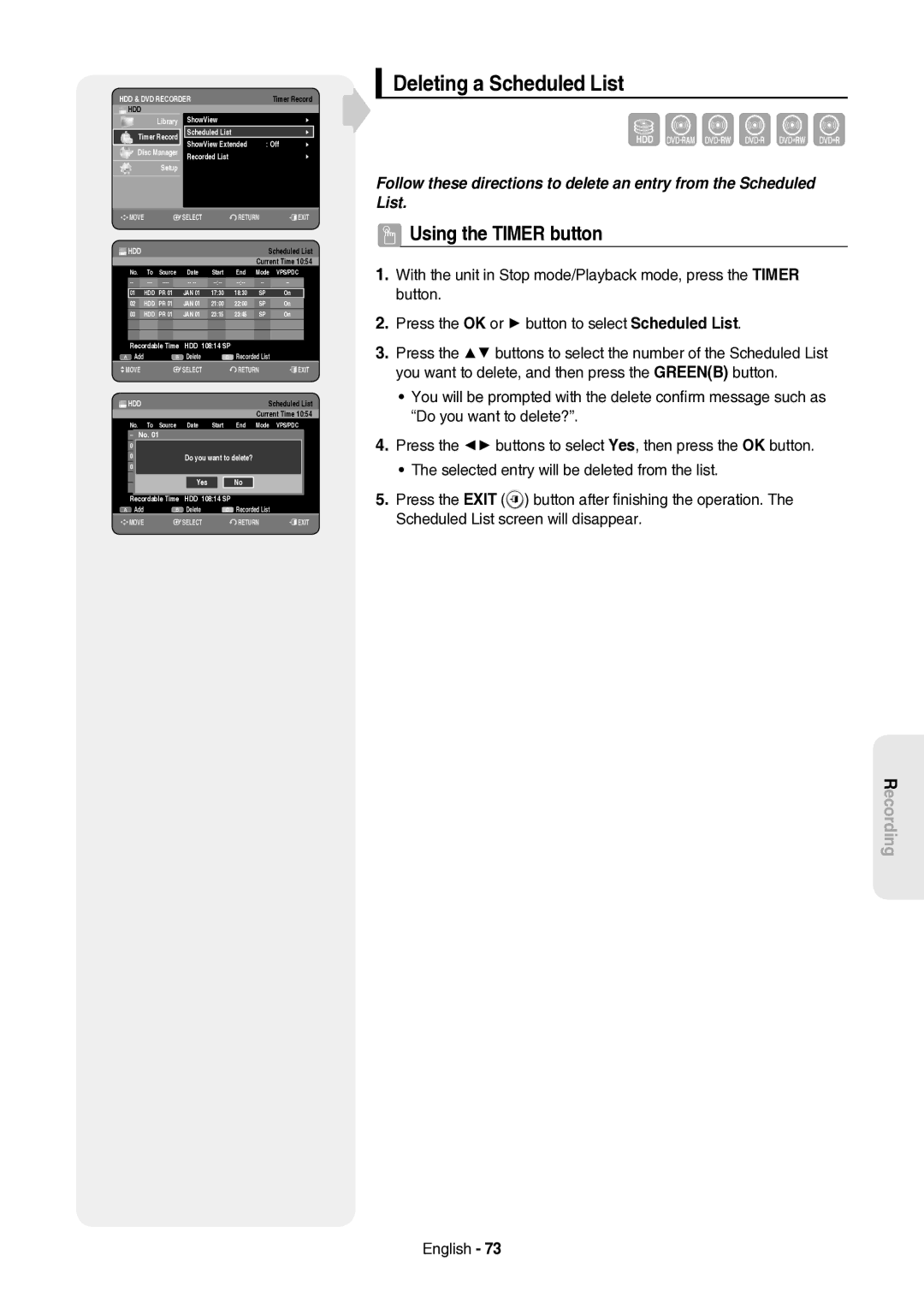 Samsung DVD-HR757/XEH manual Deleting a Scheduled List, Yes 