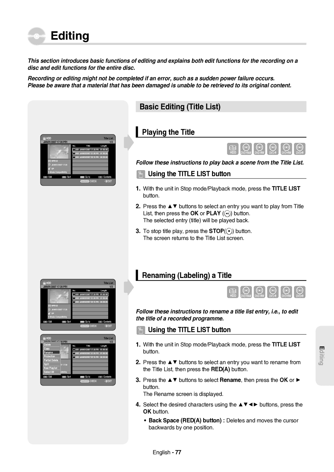 Samsung DVD-HR757/XEH manual Basic Editing Title List, Playing the Title, Renaming Labeling a Title 