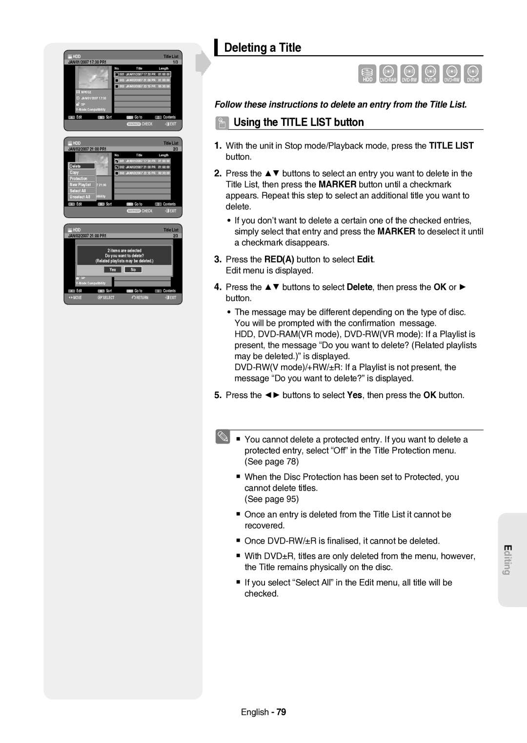 Samsung DVD-HR757/XEH manual Deleting a Title 