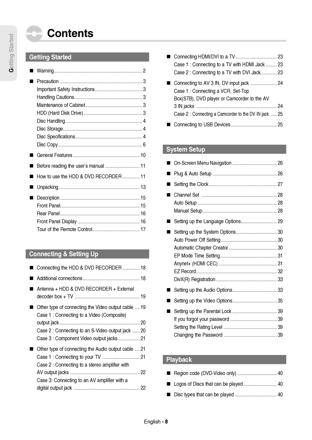 Samsung DVD-HR757/XEH manual Contents 