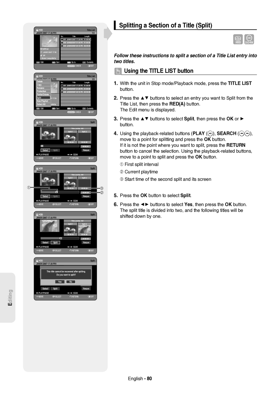 Samsung DVD-HR757/XEH manual Splitting a Section of a Title Split 