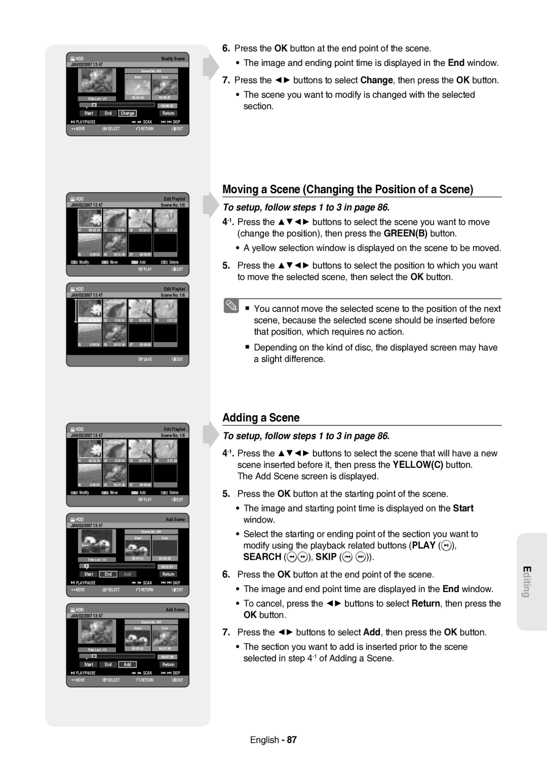 Samsung DVD-HR757/XEH manual Moving a Scene Changing the Position of a Scene, Adding a Scene 