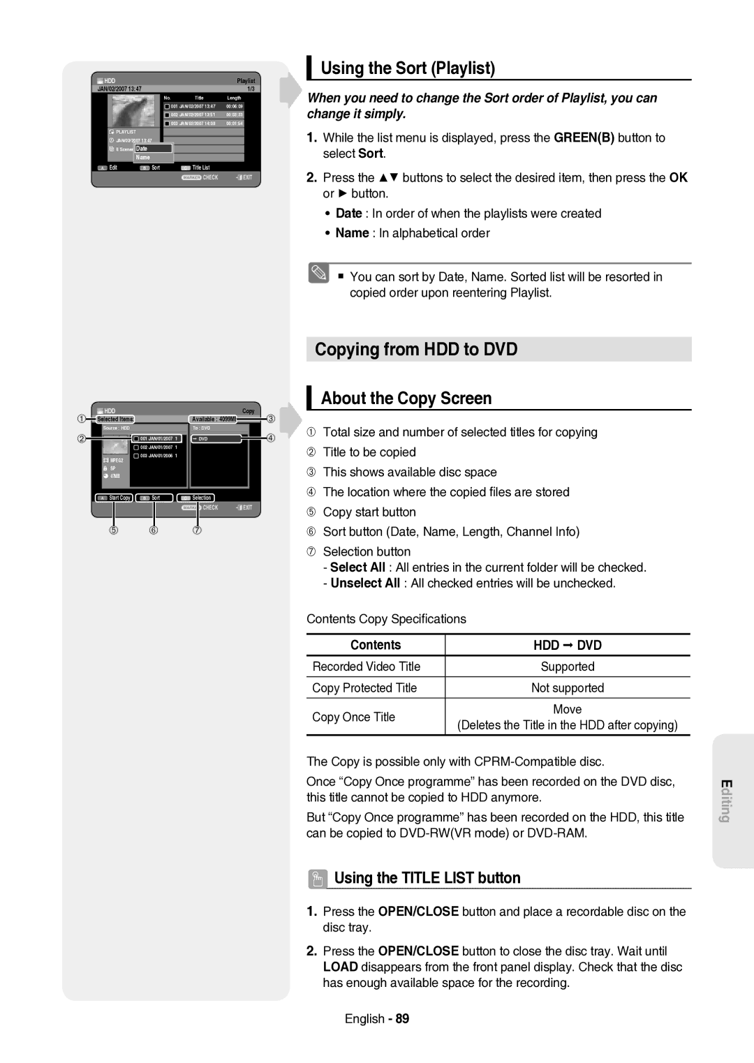 Samsung DVD-HR757/XEH manual Using the Sort Playlist, Hdd Dvd, Recorded Video Title, Copy Protected Title, Copy Once Title 