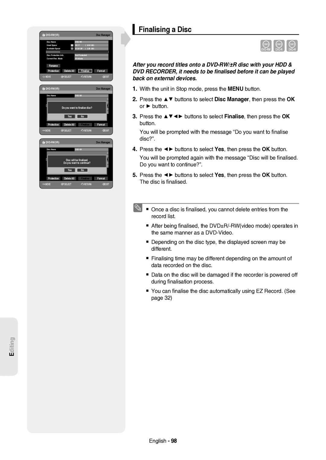 Samsung DVD-HR757/XEH manual Finalising a Disc, Delete All Finalise Format 