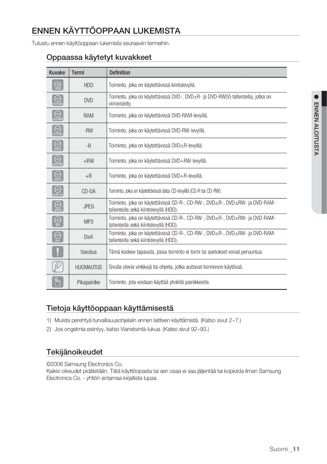 Samsung DVD-HR770/XEE manual Ennen Käyttöoppaan Lukemista, Oppaassa käytetyt kuvakkeet, Tietoja käyttöoppaan käyttämisestä 