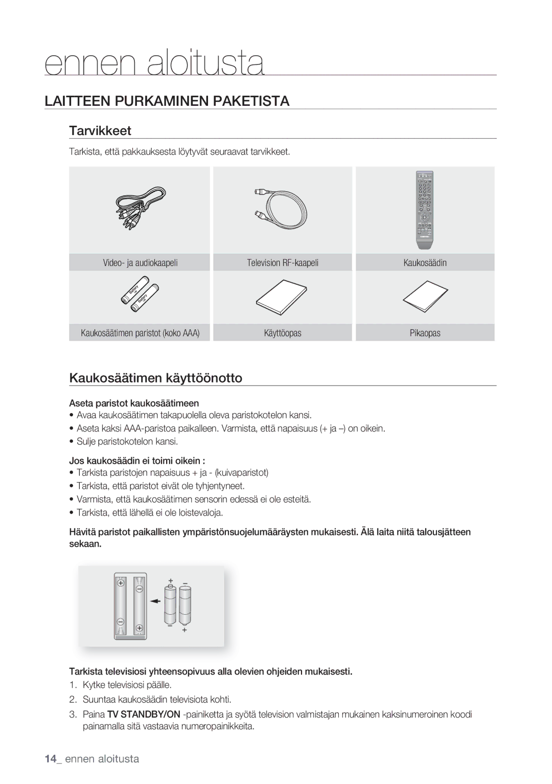 Samsung DVD-HR770/XEE manual Laitteen Purkaminen Paketista, Tarvikkeet, Kaukosäätimen käyttöönotto 