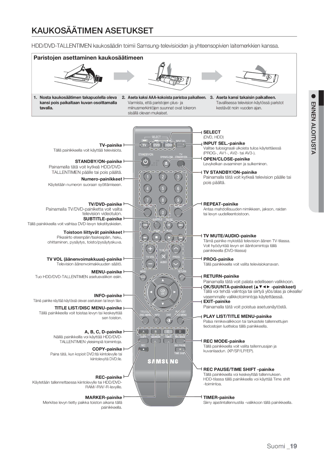 Samsung DVD-HR770/XEE manual Kaukosäätimen Asetukset, Paristojen asettaminen kaukosäätimeen 