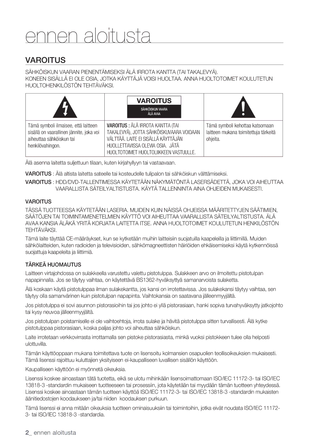 Samsung DVD-HR770/XEE manual Ennen aloitusta, Varoitus, Tärkeä Huomautus 