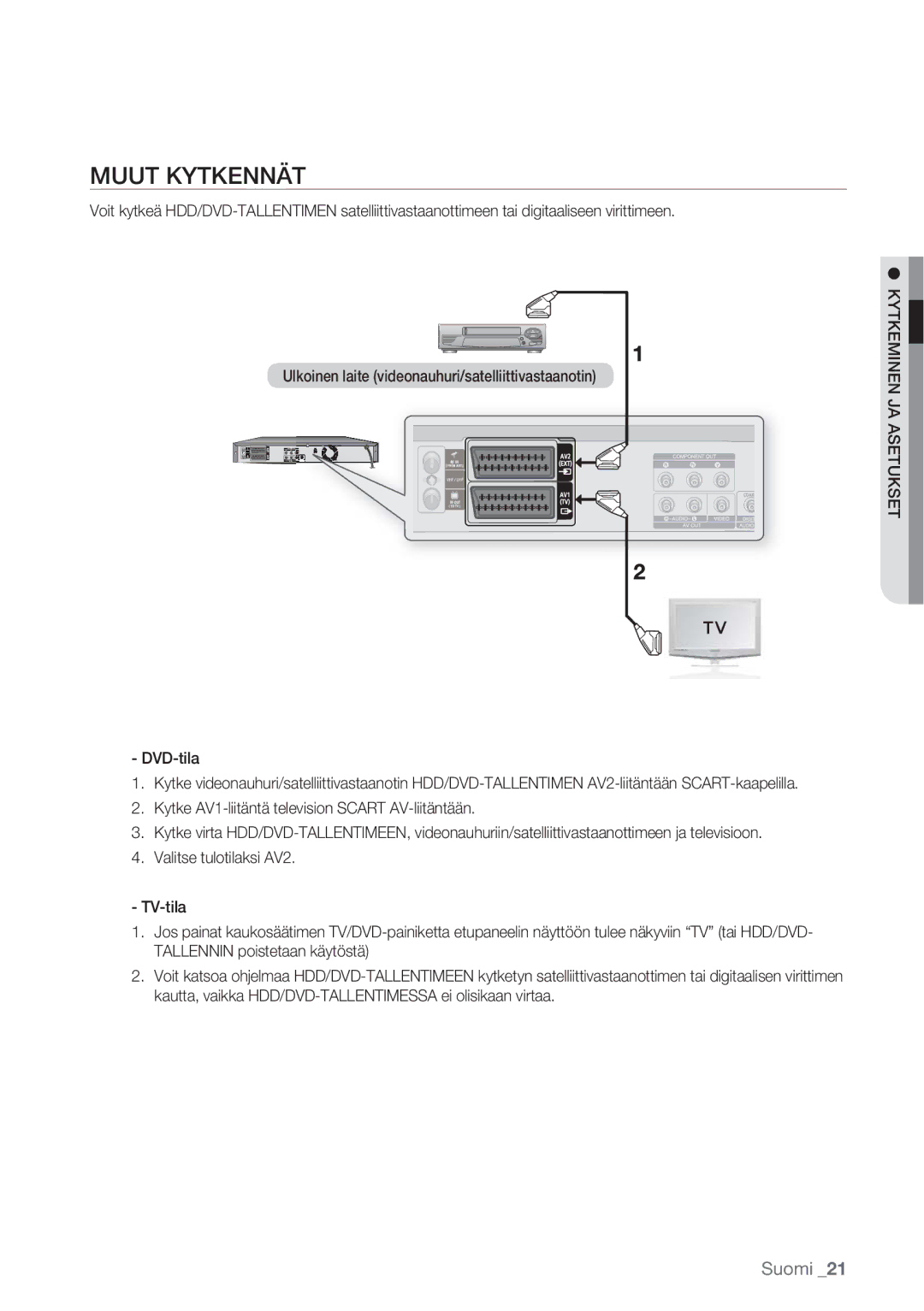 Samsung DVD-HR770/XEE manual Muut Kytkennät, Kytke AV1-liitäntä television Scart AV-liitäntään, Kytkeminen JA Asetukset 