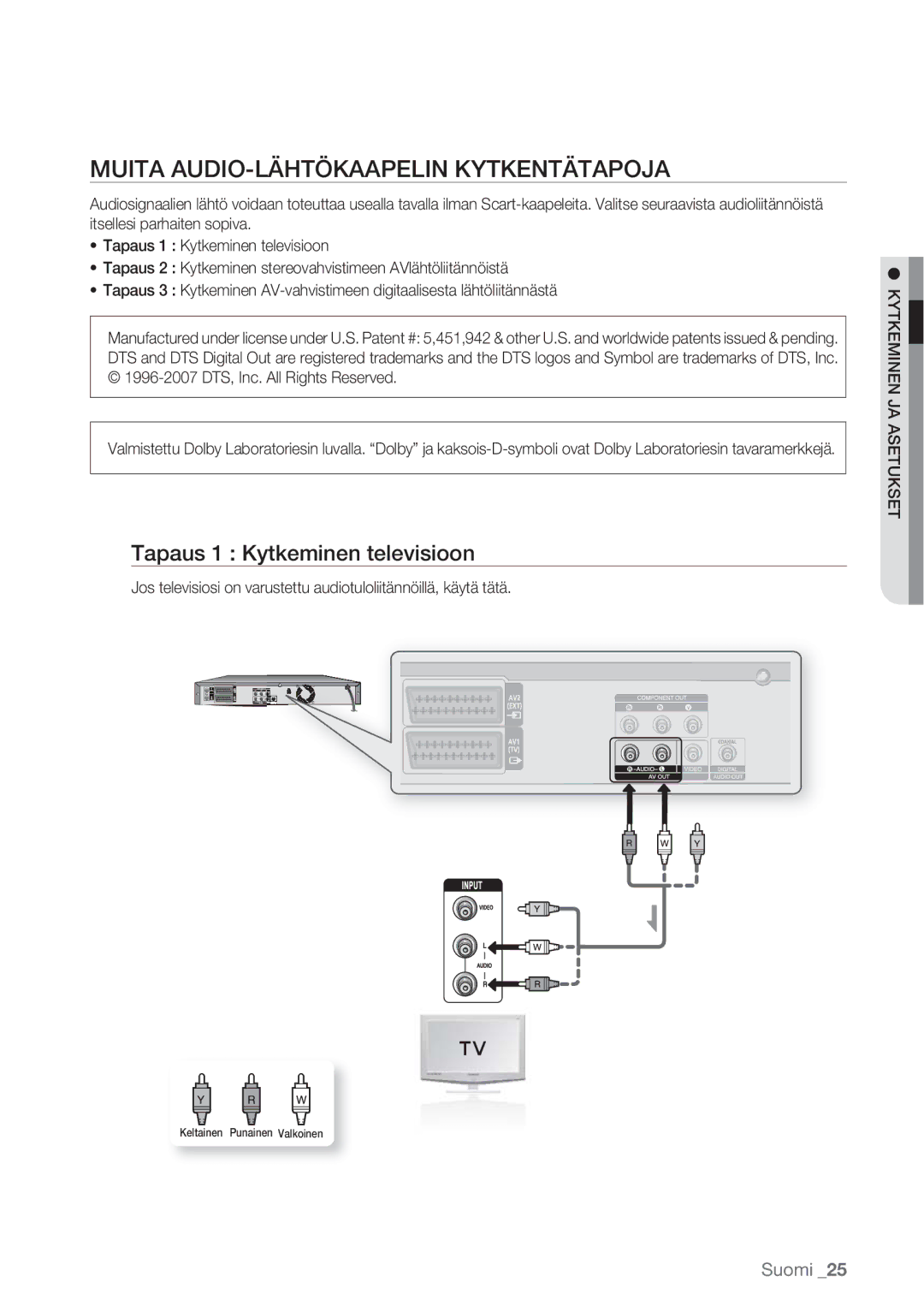 Samsung DVD-HR770/XEE manual Muita AUDIO-LÄHTÖKAAPELIN Kytkentätapoja, Tapaus 1 Kytkeminen televisioon 