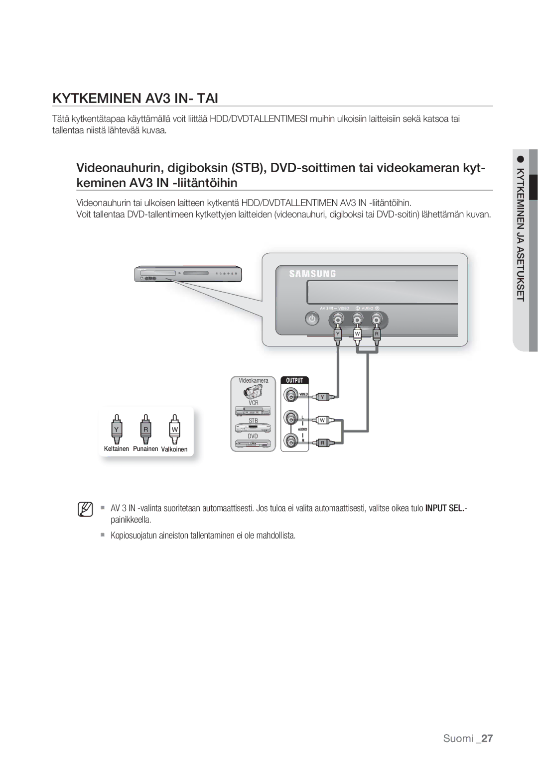 Samsung DVD-HR770/XEE manual Kytkeminen AV3 IN- TAI 