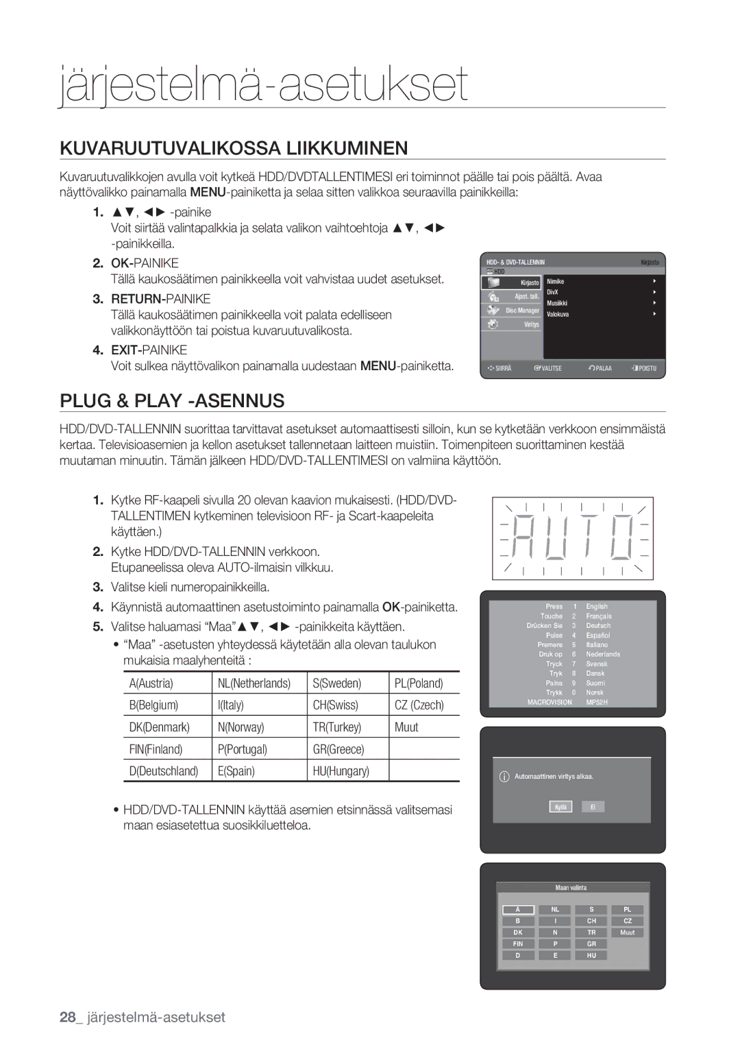 Samsung DVD-HR770/XEE manual Järjestelmä-asetukset, Kuvaruutuvalikossa Liikkuminen, Plug & Play -ASENNUS 