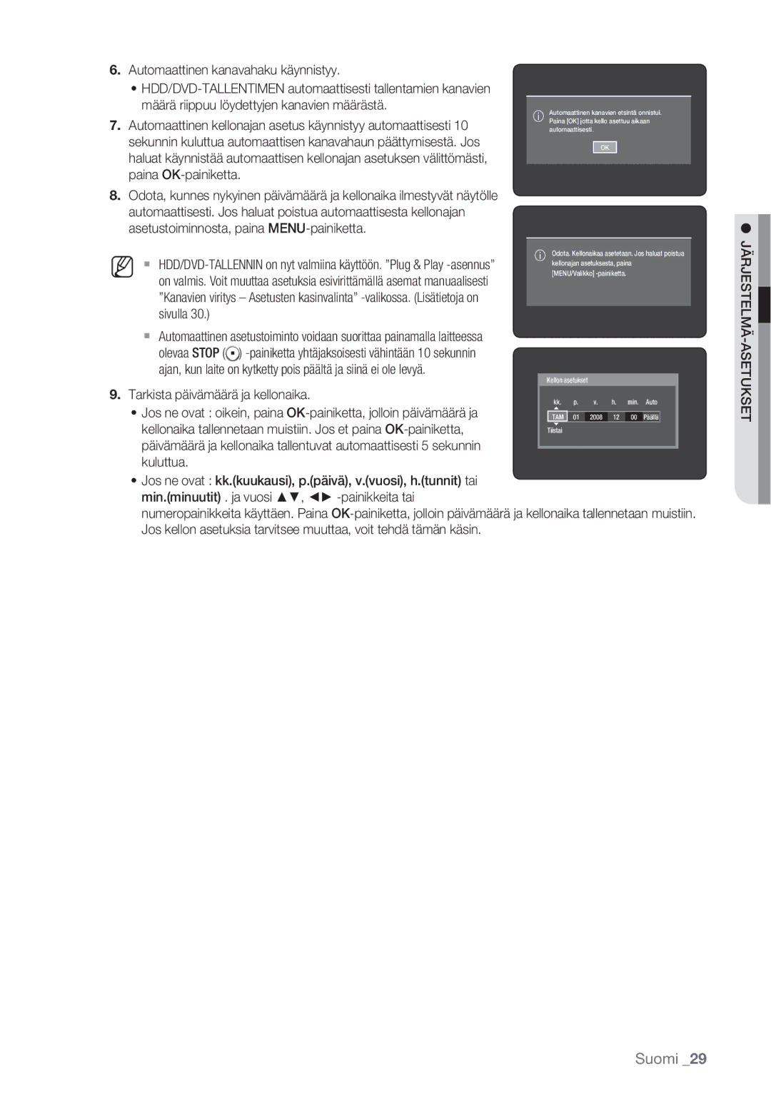 Samsung DVD-HR770/XEE manual Automaattinen kanavahaku käynnistyy, Järjestelmä-Asetukset 