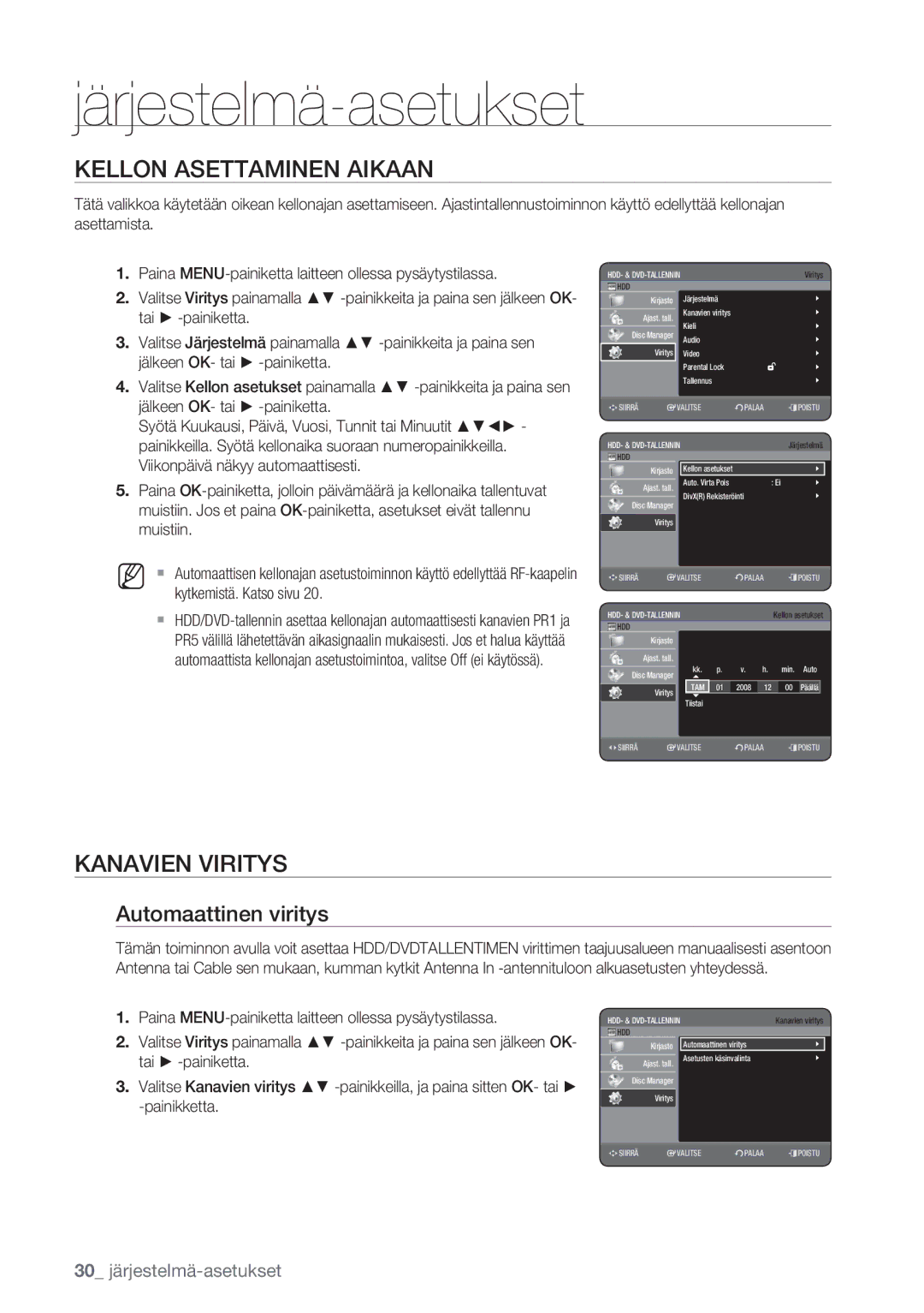 Samsung DVD-HR770/XEE manual Kellon Asettaminen Aikaan, Kanavien Viritys, Automaattinen viritys 