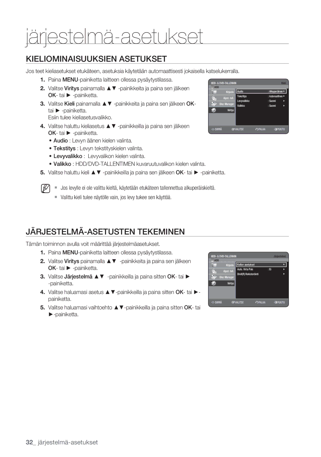 Samsung DVD-HR770/XEE manual Kieliominaisuuksien Asetukset, JÄRJESTELMÄ-ASETUSTEN Tekeminen 