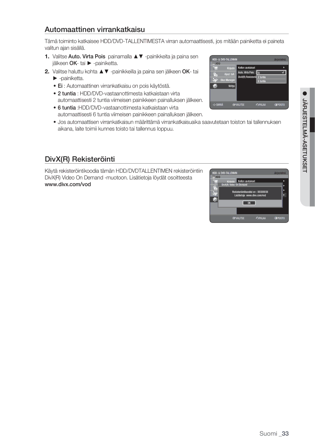 Samsung DVD-HR770/XEE manual Automaattinen virrankatkaisu, DivXR Rekisteröinti, Asetukset 