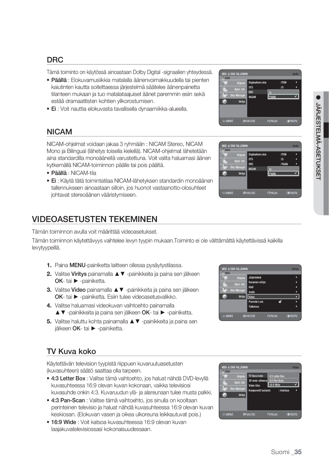 Samsung DVD-HR770/XEE manual Videoasetusten Tekeminen, TV Kuva koko, Päällä NICAM-tila 