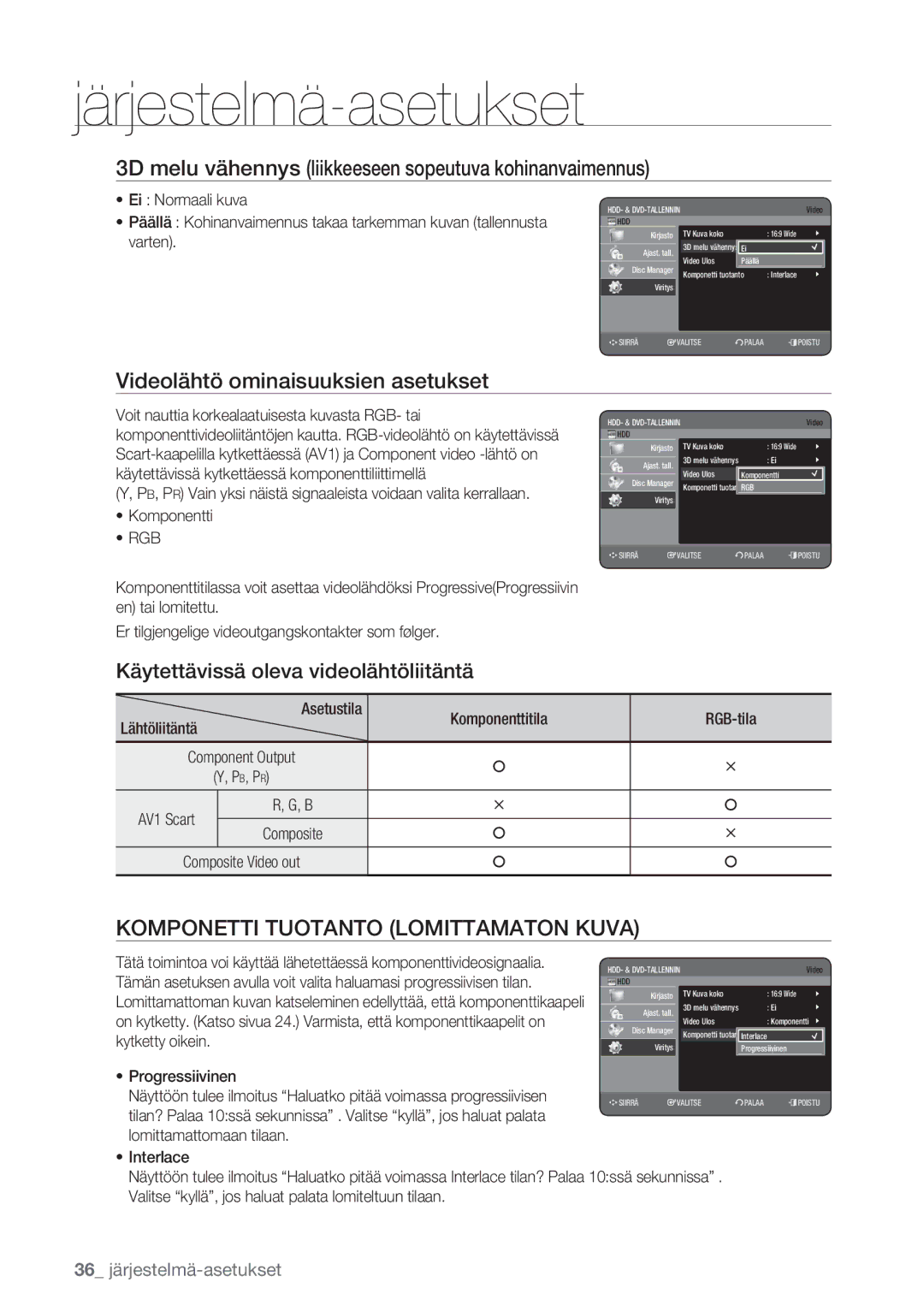 Samsung DVD-HR770/XEE 3D melu vähennys liikkeeseen sopeutuva kohinanvaimennus, Videolähtö ominaisuuksien asetukset, Rgb 