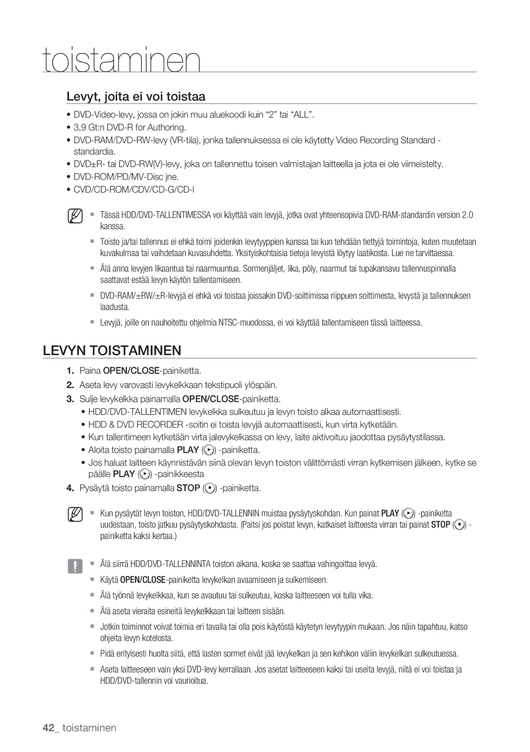 Samsung DVD-HR770/XEE manual Levyn Toistaminen, Levyt, joita ei voi toistaa, Cvd/Cd-Rom/Cdv/Cd-G/Cd-I 