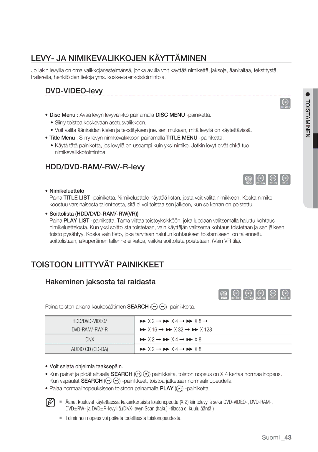 Samsung DVD-HR770/XEE manual LEVY- JA Nimikevalikkojen Käyttäminen, Toistoon Liittyvät Painikkeet, DVD-VIDEO-levy 