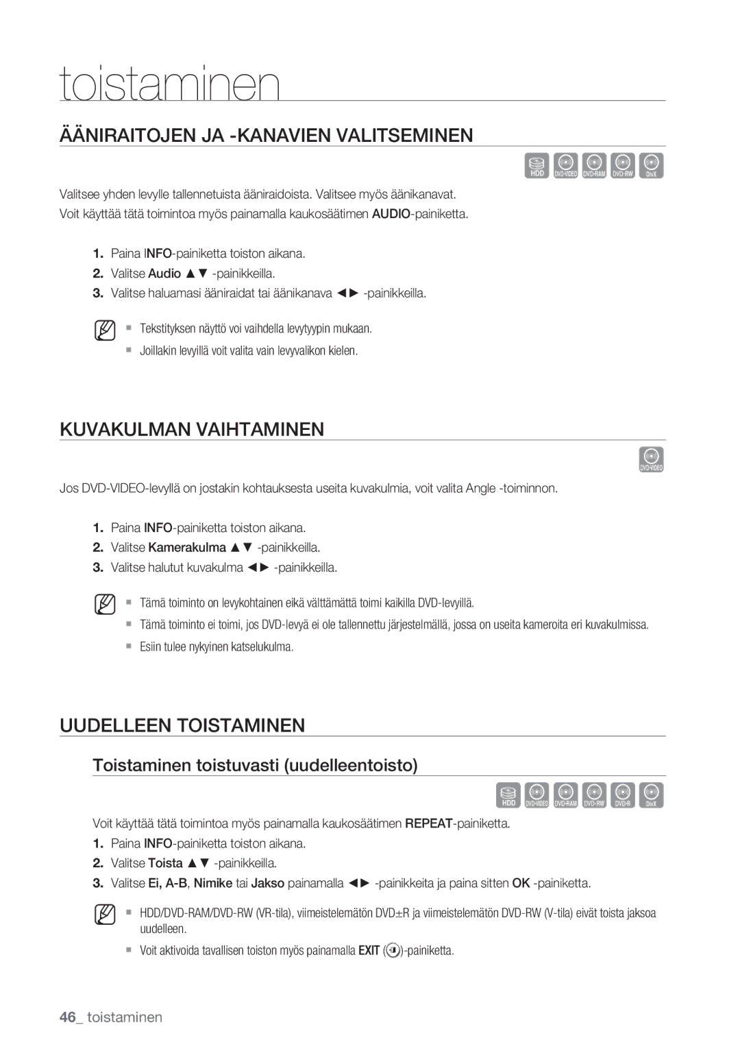 Samsung DVD-HR770/XEE manual Ääniraitojen JA -KANAVIEN Valitseminen, Kuvakulman Vaihtaminen, Uudelleen Toistaminen 