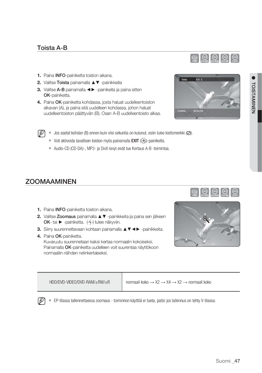 Samsung DVD-HR770/XEE manual Zoomaaminen, Toista A-B 